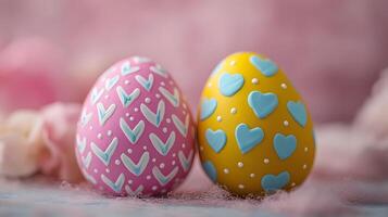 Colorful Easter eggs showcase intricate patterns with pastel pink and yellow decorations, featuring chocolate brown eggs adorned with blue hearts, polka dots, and zigzags ornate photo