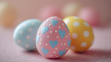 Colorful Easter eggs showcase intricate patterns with pastel pink and yellow decorations, featuring chocolate brown eggs adorned with blue hearts, polka dots, and zigzags Easter photo