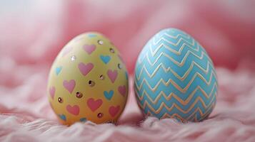Colorful Easter eggs showcase intricate patterns with pastel pink and yellow decorations, featuring chocolate brown eggs adorned with blue hearts, polka dots, and zigzags patterns photo
