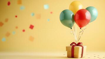 Colorful party balloons in red, yellow, and green latex surround wrapped gift box with ribbon, creating festive atmosphere against light yellow background with bokeh light effects. ribbon photo