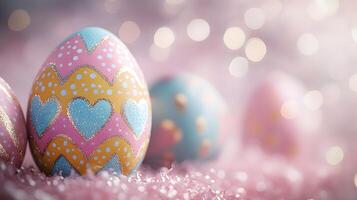 Colorful Easter eggs showcase intricate patterns with pastel pink and yellow decorations, featuring chocolate brown eggs adorned with blue hearts, polka dots, and zigzags chocolate photo