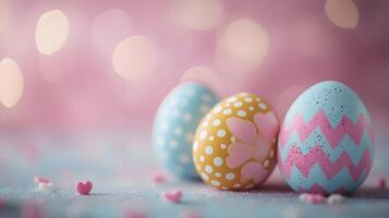 Colorful Easter eggs showcase intricate patterns with pastel pink and yellow decorations, featuring chocolate brown eggs adorned with blue hearts, polka dots, and zigzags brown photo