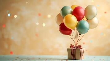 Colorful party balloons in red, yellow, and green latex surround wrapped gift box with ribbon, creating festive atmosphere against light yellow background with bokeh light effects. decorative photo