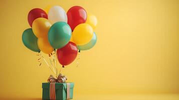 Colorful party balloons in red, yellow, and green latex surround wrapped gift box with ribbon, creating festive atmosphere against light yellow background with bokeh light effects. helium photo