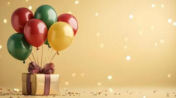 Colorful party balloons in red, yellow, and green latex surround wrapped gift box with ribbon, creating festive atmosphere against light yellow background with bokeh light effects. decorations photo