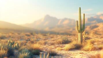 Desert landscape features towering saguaro cactus against soft bokeh background with arid mountain range and sandy terrain, creating minimalist composition in sun-bleached atmosphere. hardy photo
