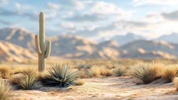 Desert landscape features towering saguaro cactus against soft bokeh background with arid mountain range and sandy terrain, creating minimalist composition in sun-bleached atmosphere. spines photo