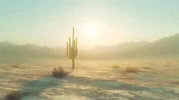 Desert landscape features towering saguaro cactus against soft bokeh background with arid mountain range and sandy terrain, creating minimalist composition in sun-bleached atmosphere. cactus photo