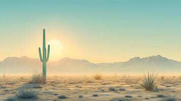 Desert landscape features towering saguaro cactus against soft bokeh background with arid mountain range and sandy terrain, creating minimalist composition in sun-bleached atmosphere. plant photo