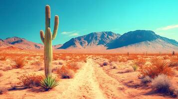 Desert landscape features towering saguaro cactus against soft bokeh background with arid mountain range and sandy terrain, creating minimalist composition in sun-bleached atmosphere. ecosystem photo