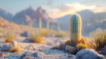 Desert landscape features towering saguaro cactus against soft bokeh background with arid mountain range and sandy terrain, creating minimalist composition in sun-bleached atmosphere. landscape photo