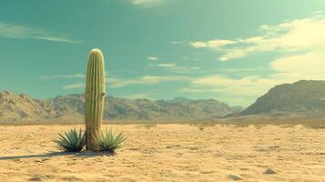 Desert landscape features towering saguaro cactus against soft bokeh background with arid mountain range and sandy terrain, creating minimalist composition in sun-bleached atmosphere. mountains photo