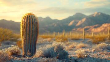Desert landscape features towering saguaro cactus against soft bokeh background with arid mountain range and sandy terrain, creating minimalist composition in sun-bleached atmosphere. arid photo