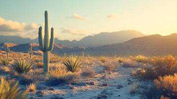 Desert landscape features towering saguaro cactus against soft bokeh background with arid mountain range and sandy terrain, creating minimalist composition in sun-bleached atmosphere. bokeh photo