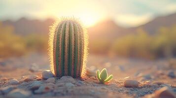 Desert landscape features towering saguaro cactus against soft bokeh background with arid mountain range and sandy terrain, creating minimalist composition in sun-bleached atmosphere. sand photo