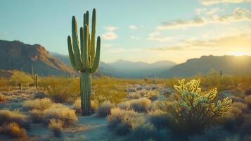 Desert landscape features towering saguaro cactus against soft bokeh background with arid mountain range and sandy terrain, creating minimalist composition in sun-bleached atmosphere. terrain photo