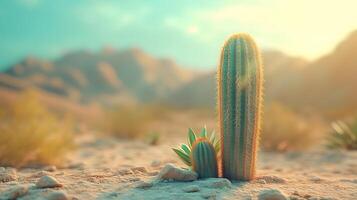 Desert landscape features towering saguaro cactus against soft bokeh background with arid mountain range and sandy terrain, creating minimalist composition in sun-bleached atmosphere. minimalist photo