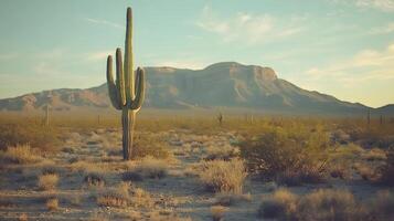 Desert landscape features towering saguaro cactus against soft bokeh background with arid mountain range and sandy terrain, creating minimalist composition in sun-bleached atmosphere. sunbleached photo