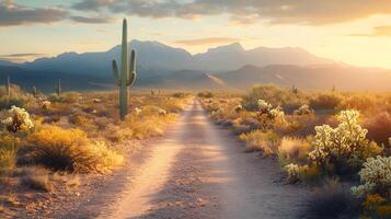 Desert landscape features towering saguaro cactus against soft bokeh background with arid mountain range and sandy terrain, creating minimalist composition in sun-bleached atmosphere. southwestern photo