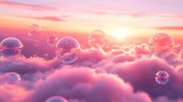 Iridescent soap bubbles float in pastel sky with rainbow reflections, creating magical atmosphere through translucent spheres and holographic effects in delicate macro photography. whimsical photo