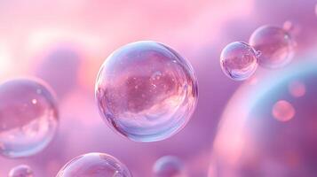 Iridescent soap bubbles float in pastel sky with rainbow reflections, creating magical atmosphere through translucent spheres and holographic effects in delicate macro photography. refractions photo