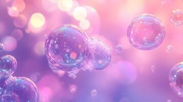Iridescent soap bubbles float in pastel sky with rainbow reflections, creating magical atmosphere through translucent spheres and holographic effects in delicate macro photography. ethereal photo