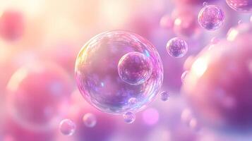 Iridescent soap bubbles float in pastel sky with rainbow reflections, creating magical atmosphere through translucent spheres and holographic effects in delicate macro photography. transparent photo