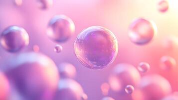 Iridescent soap bubbles float in pastel sky with rainbow reflections, creating magical atmosphere through translucent spheres and holographic effects in delicate macro photography. prismatic photo