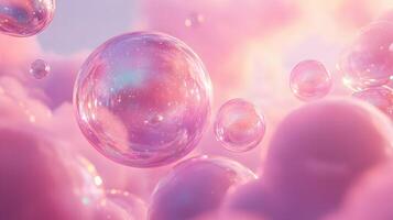 Iridescent soap bubbles float in pastel sky with rainbow reflections, creating magical atmosphere through translucent spheres and holographic effects in delicate macro photography. light photo