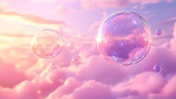 Iridescent soap bubbles float in pastel sky with rainbow reflections, creating magical atmosphere through translucent spheres and holographic effects in delicate macro photography. ephemeral photo