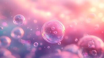 Iridescent soap bubbles float in pastel sky with rainbow reflections, creating magical atmosphere through translucent spheres and holographic effects in delicate macro photography. gentle photo
