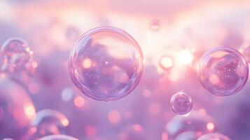 Iridescent soap bubbles float in pastel sky with rainbow reflections, creating magical atmosphere through translucent spheres and holographic effects in delicate macro photography. luminous photo