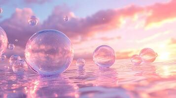 Iridescent soap bubbles float in pastel sky with rainbow reflections, creating magical atmosphere through translucent spheres and holographic effects in delicate macro photography. shimmering photo