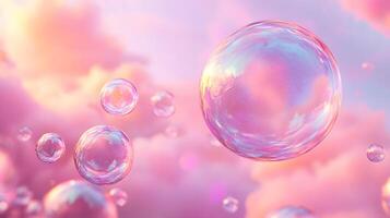 Iridescent soap bubbles float in pastel sky with rainbow reflections, creating magical atmosphere through translucent spheres and holographic effects in delicate macro photography. fragile photo