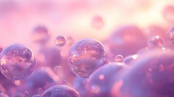 Iridescent soap bubbles float in pastel sky with rainbow reflections, creating magical atmosphere through translucent spheres and holographic effects in delicate macro photography. soap photo