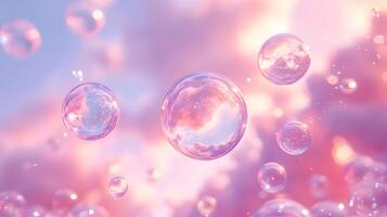 Iridescent soap bubbles float in pastel sky with rainbow reflections, creating magical atmosphere through translucent spheres and holographic effects in delicate macro photography. bubbles photo
