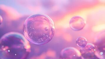 Iridescent soap bubbles float in pastel sky with rainbow reflections, creating magical atmosphere through translucent spheres and holographic effects in delicate macro photography. pastel photo