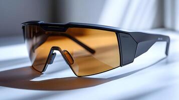 Luxury sport sunglasses feature brown gradient lenses and sleek black frame, showcasing modern eyewear design with polarized lens effect in clean product photography style. contemporary photo