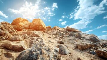 Rocky desert terrain displays scattered boulders and stones across sandy landscape, featuring dramatic blue sky, white clouds, and rugged mountain slope in wide-angle perspective. barren photo
