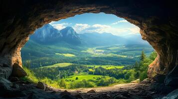 Scenic mountain vista viewed through natural rock arch window reveals dramatic cave opening, lush green valley, and distant blue mountains in majestic panoramic composition. ancient photo