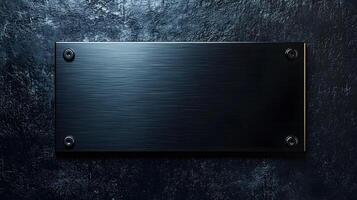 Brushed steel black metal plate exhibits sleek industrial design with rectangular shape and dark finish, mounted on wall with soft ambient lighting. surface photo