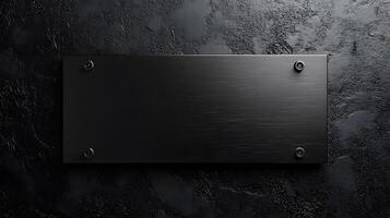 Brushed steel black metal plate exhibits sleek industrial design with rectangular shape and dark finish, mounted on wall with soft ambient lighting. industrial photo
