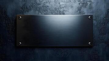 Brushed steel black metal plate exhibits sleek industrial design with rectangular shape and dark finish, mounted on wall with soft ambient lighting. dark photo