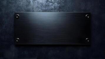 Brushed steel black metal plate exhibits sleek industrial design with rectangular shape and dark finish, mounted on wall with soft ambient lighting. wall photo