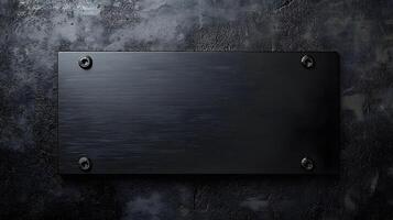 Brushed steel black metal plate exhibits sleek industrial design with rectangular shape and dark finish, mounted on wall with soft ambient lighting. mounted photo