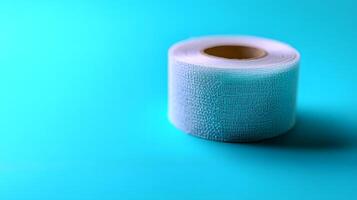 Medical adhesive tape roll shows clear transparent material against turquoise background, featuring clean lines and visible texture in professional studio lighting. healthcare photo