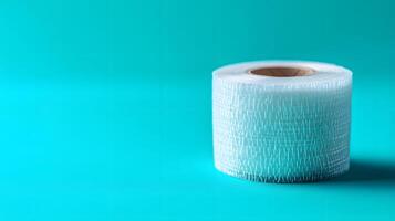 Medical adhesive tape roll shows clear transparent material against turquoise background, featuring clean lines and visible texture in professional studio lighting. turquoise photo