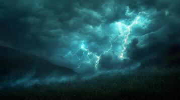 Lightning bolt strikes dramatically over grass field against stormy sky, showcasing nature's raw power with electric blue flash through dark storm clouds at dusk. field photo
