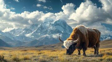 Majestic yak stands on vast Tibetan plateau grassland with snow-capped mountains backdrop, showcasing curved horns and fluffy brown fur in pristine wilderness setting. crisp photo