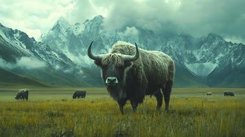 Majestic yak stands on vast Tibetan plateau grassland with snow-capped mountains backdrop, showcasing curved horns and fluffy brown fur in pristine wilderness setting. Tibetan photo